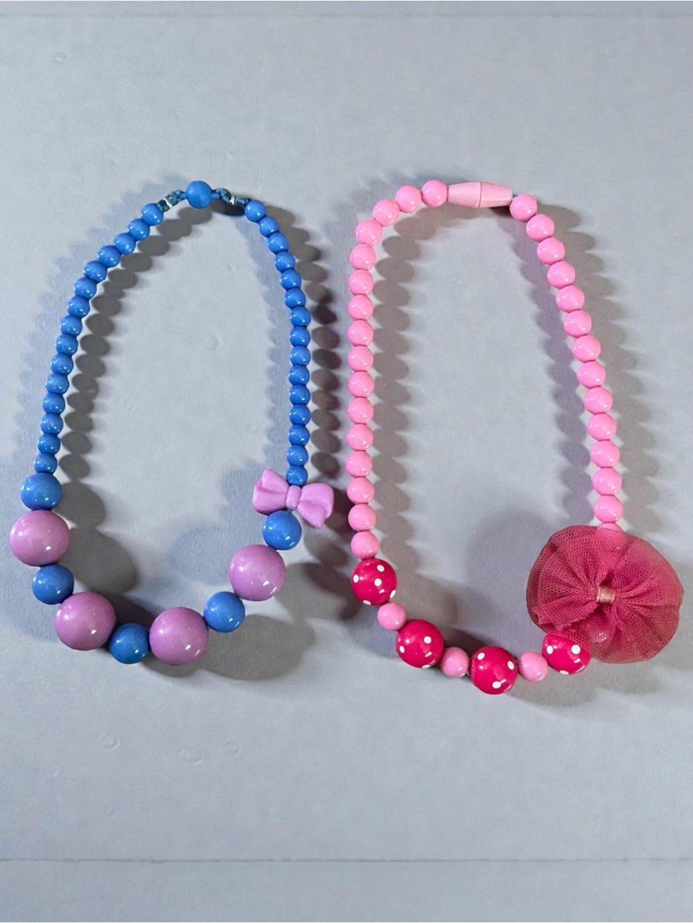 Kids Pink and Blue Beaded Necklace Set - Cute Bow & Flower Designs